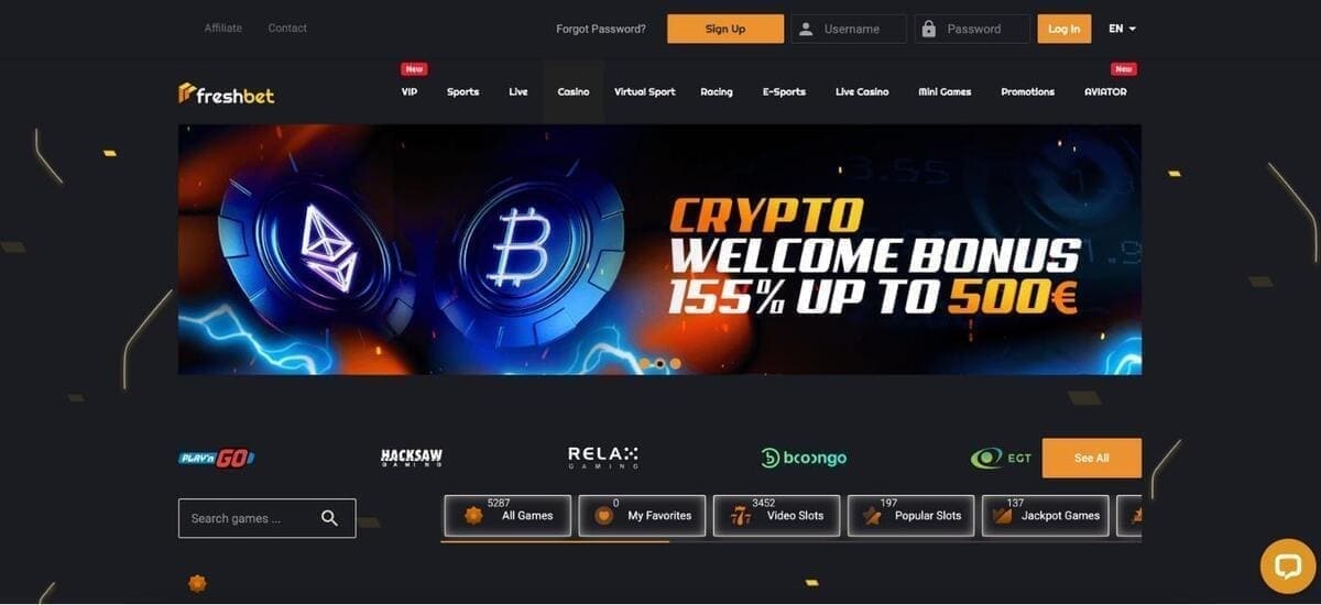 Screenshot of the Freshbet Casino website